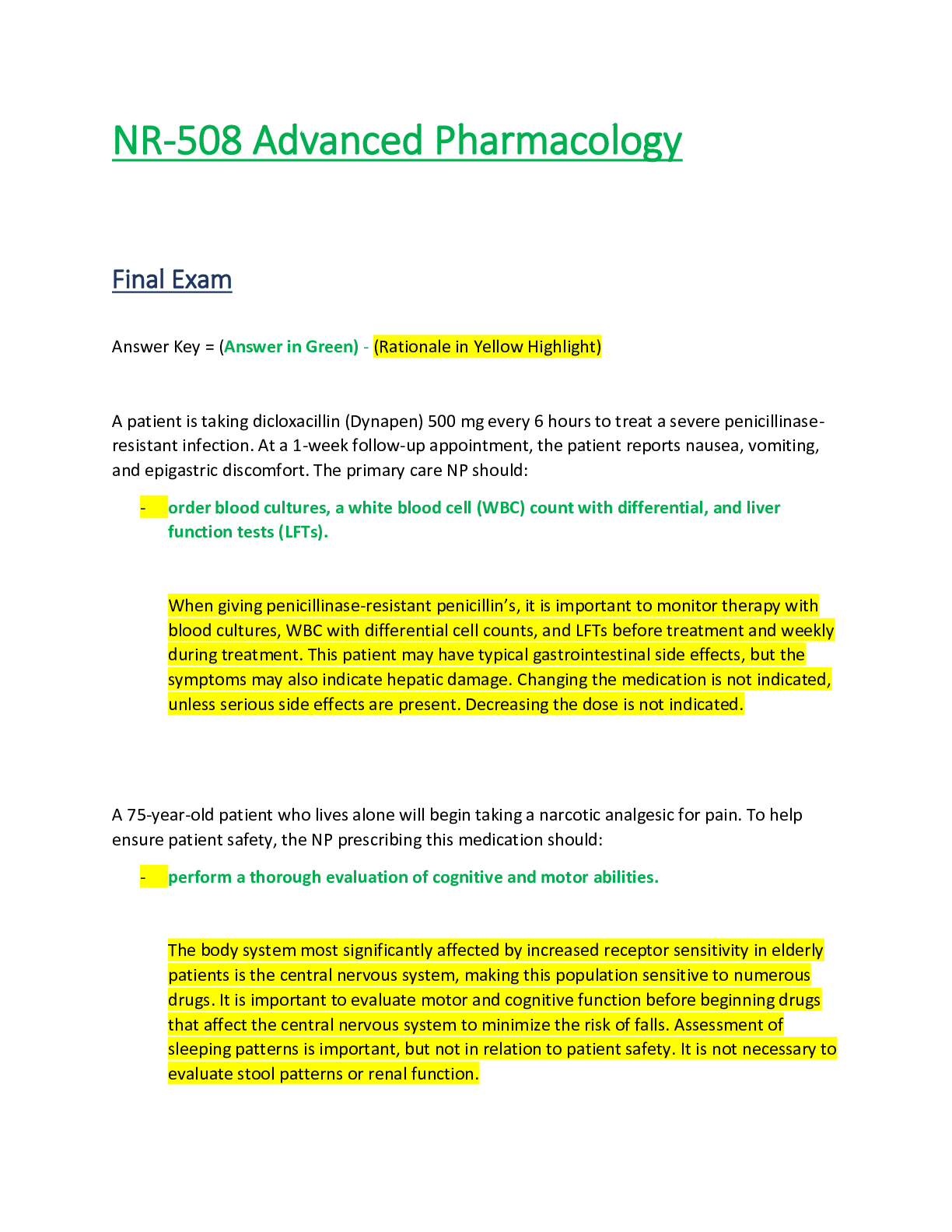 Preview of NR 508 / NR508 Final Exam (Latest Update): Advanced Pharmacology - Chamberlain